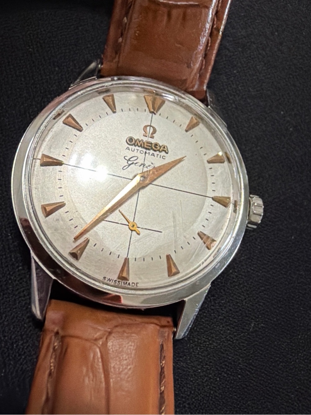 Vintage Omega Watch Geneve Automatic Crosshair Dial with Rose Gold Indices